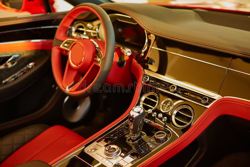 Red Luxury Car Interior Steering Wheel Shift Lever And