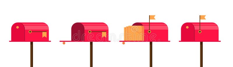 Red mailbox set. Closed and open, raised flag and letter inside. Empty post box and with envelope. Letterboxes stock illustration