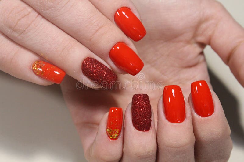 Velvet Nails. Fashion Trendy Red Fluffy Nailart Design Stock Image