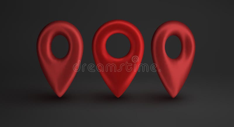 Red map pointer isolated on black background. Find address, location icon concept. GPS 3d Pointer on red podium in black stock illustration