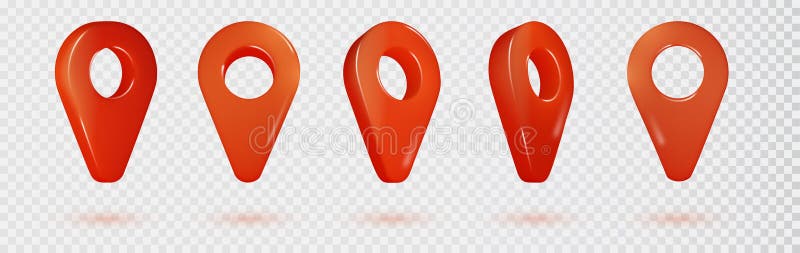 Red map pointer isolated. Realistic location points vector shapes, location point in rotation for map. Red location pin sheet for stock illustration