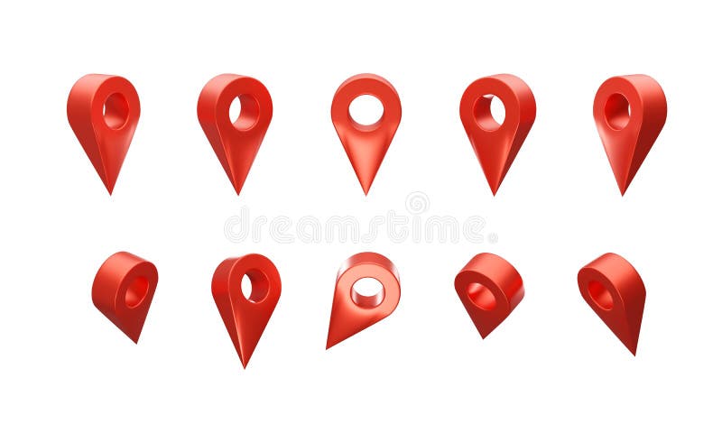 Red map pointer set Isolated on white background. 3D map pointer. 3D rendering stock illustration