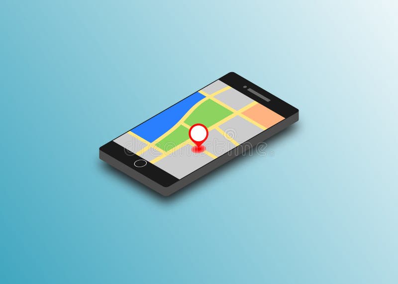 Red marker on GPS navigator location map inside smartphone. Isometric vector design concept. stock illustration Red marker on GPS navigator location map inside smartphone. Isometric vector design concept. stock illustration