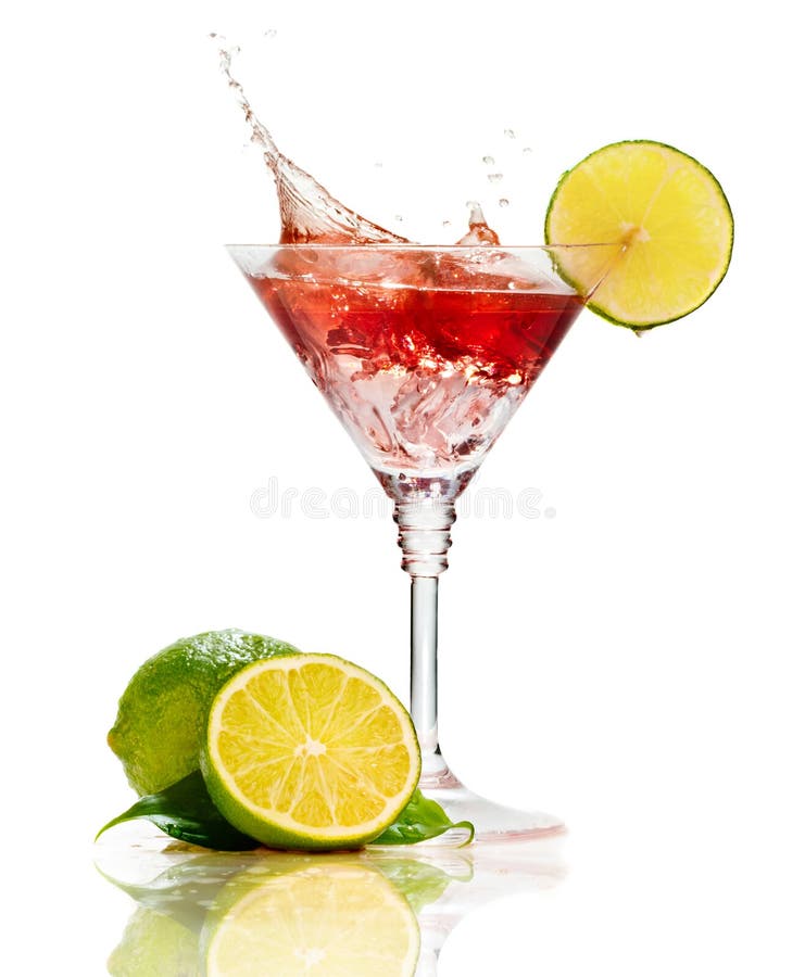 Red martini cocktail with splash and lime