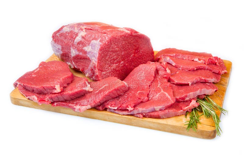 Red meat chunk and steak isolated over wood background