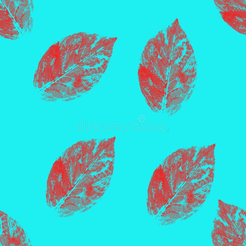 Red and Mint Abstract Leaves Silhouette Seamless Pattern. Hand Drawn