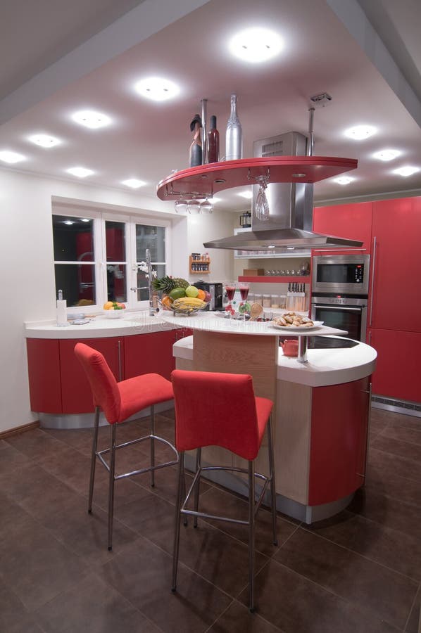 Red modern kitchen. stock photo. Image of floor, food 8050042