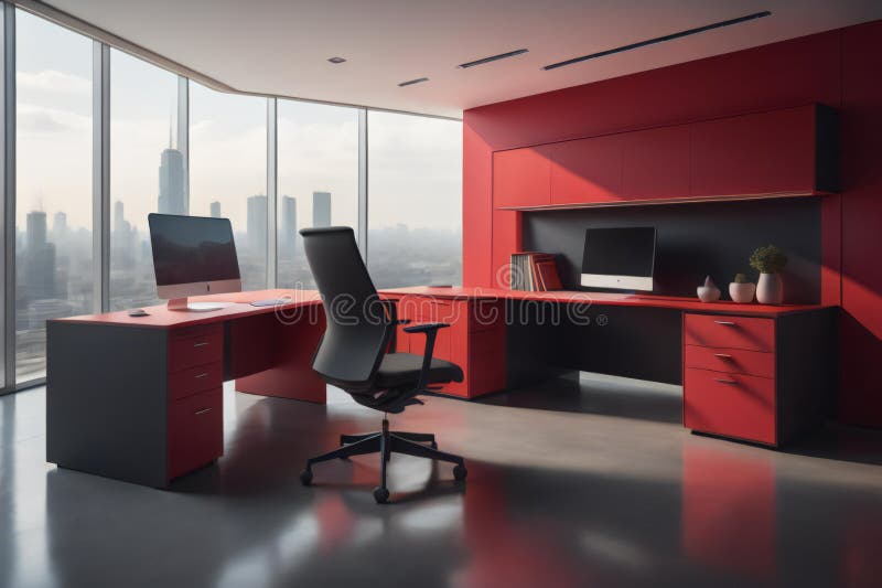 Red Modern Office Interior with Panoramic Window and City View. Ai
