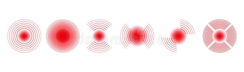 Red monitor signal detection waves. Pulse or noise symbols. Speaker sound, radar signalling or target. Digital sonar stock illustration