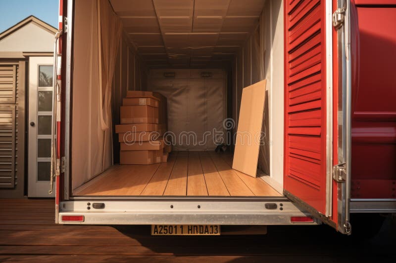 A Red Moving Truck with Boxes Loaded in the Back, Ready for Transport