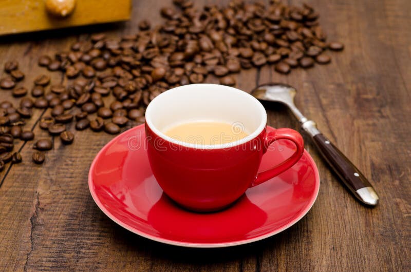 Red Mug Espresso Coffee and a Spoon Stock Photo Image of crema, spoon