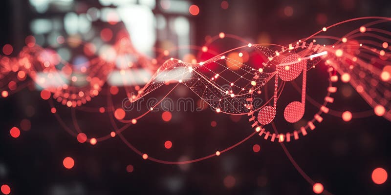 Red music note icon in a digital wave stock illustration