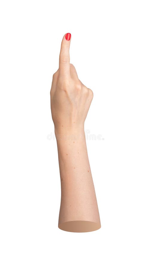 Red nailed hand pointing with the index finger up, showing or indicating a sign. Forefinger gesture royalty free stock photography