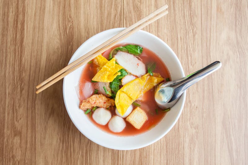 Red noodle soup with fish meat ball, fofu Yen ta fo, stock image Red noodle soup with fish meat ball, fofu Yen ta fo, stock image