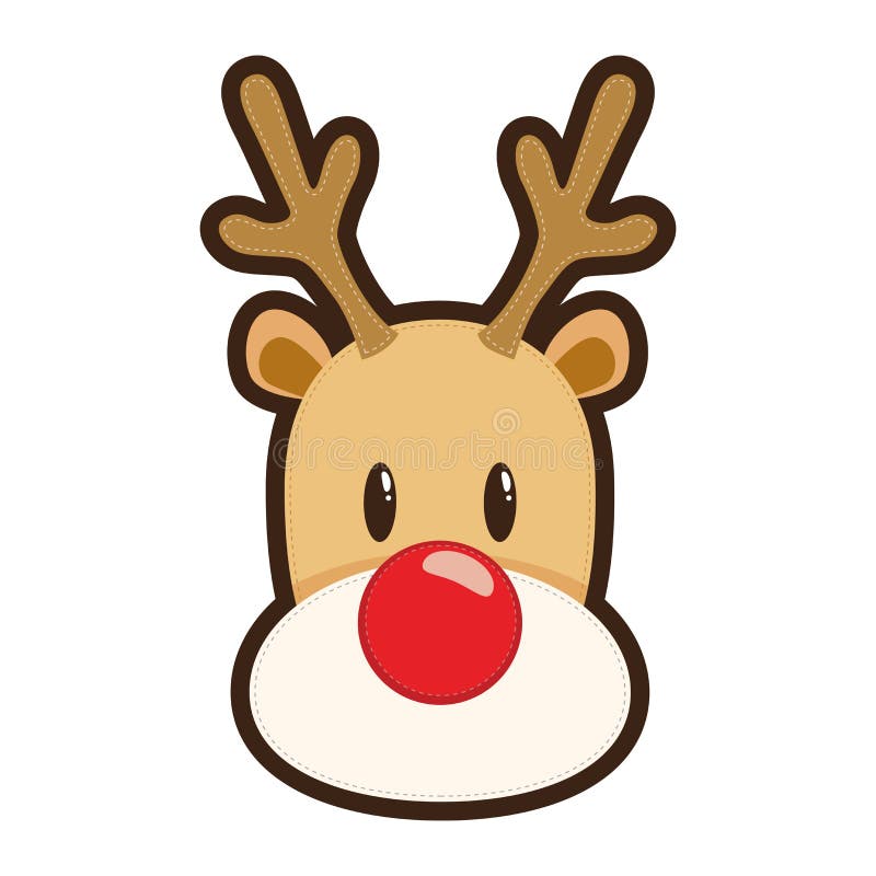 Cartoon illustration of Rudolph the red nosed reindeer, white background.