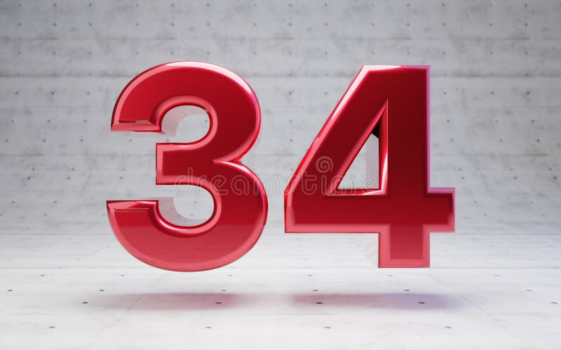 Red Number 34. Metallic Red Color Digit Isolated on Concrete Background ...