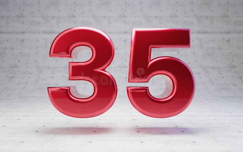 Red Number 35. Metallic Red Color Digit Isolated on Concrete Background
