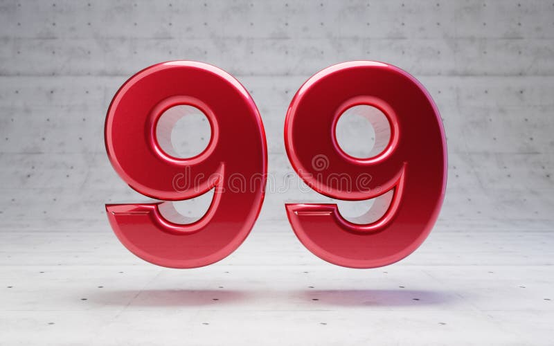 Red number 99. Metallic red color digit isolated on concrete background