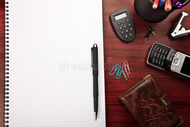 Red Office Desk with Stationery Stock Photo Image of cellular