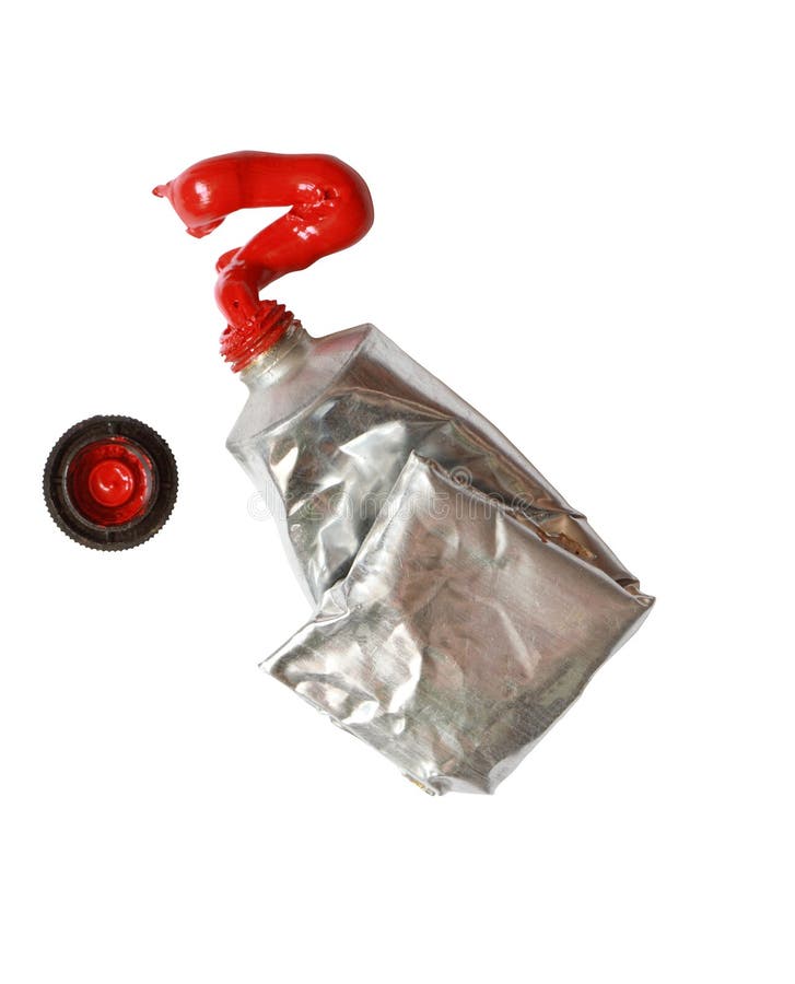 Red paint tube squeezed stock photo. Image of open, silver 16656418