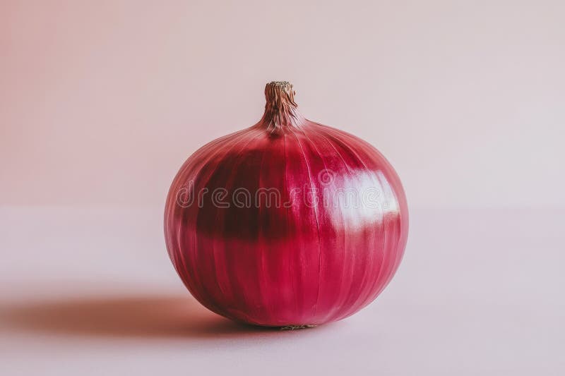 A red onion is centered perfectly in the image, which has sharp focus, a minimalist style, and is predominantly red stock photography