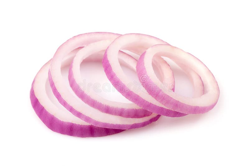 Red onion slices on white background. Circular slices stock images, royalty-free photos and pictures