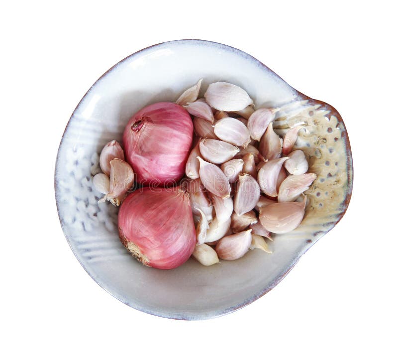 Red Onions and Garlic in Dish with Clipping Path Stock Image Image of