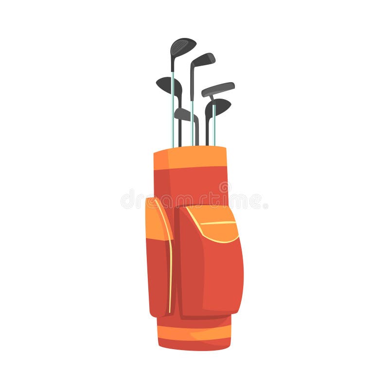 Red and orange golf bag full of clubs, golfer sport equipment vector Illustration