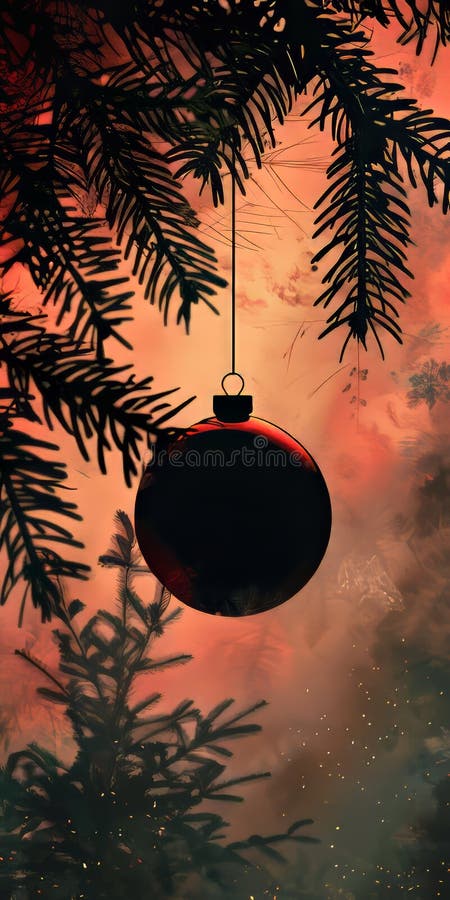 A red ornament hangs from a tree branch stock illustration