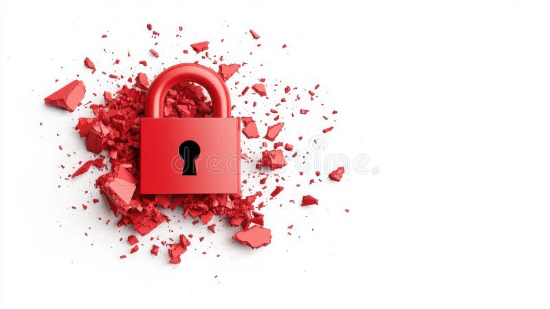 Red Padlock on Crushed Red Fragments Representing Security Challenges and Breakdowns royalty free illustration