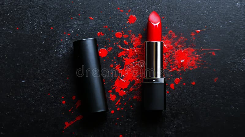 Red paint and a black background surround the main subject of the image, which is red lipstick stock images