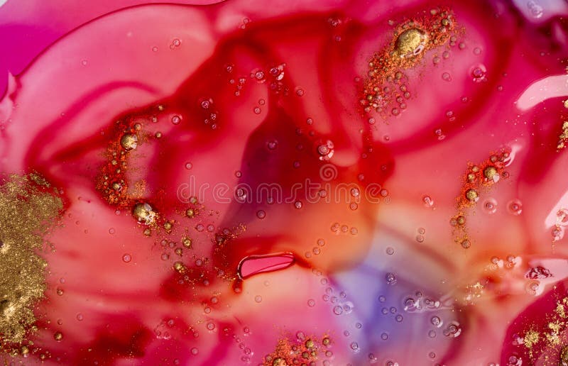 Red Paint Stains Background with Gold Glitter. Liquid Transparent