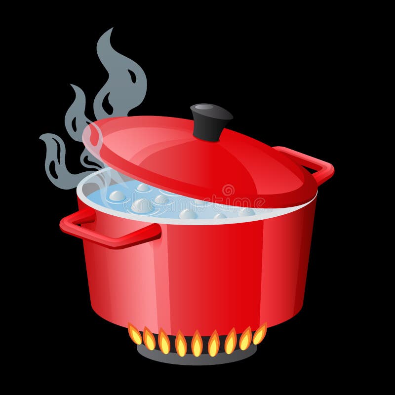 Boiling Water In Pan Red Cooking Pot On Stove With Water And Steam