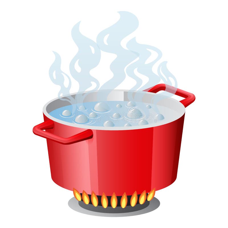 Red pan, saucepan, pot, casserole, cooker, stewpan with boiling water and o...