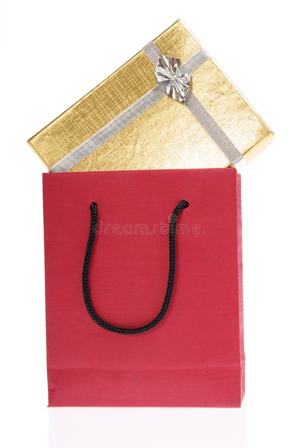 Red Paper Bag and Gold Gift Box with Bow Stock Image Image of