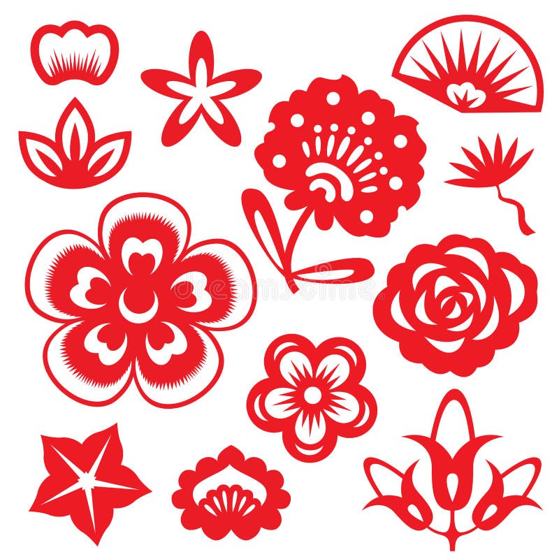 Red Paper Cut Flowers China Vector Set Design Stock Vector