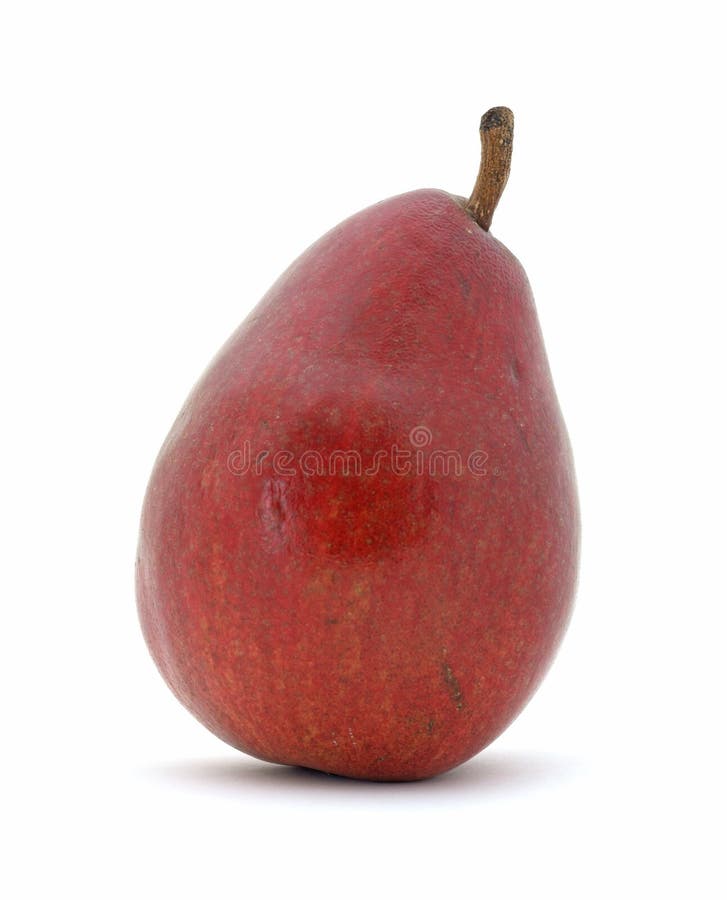 A single fresh red pear against a white background.