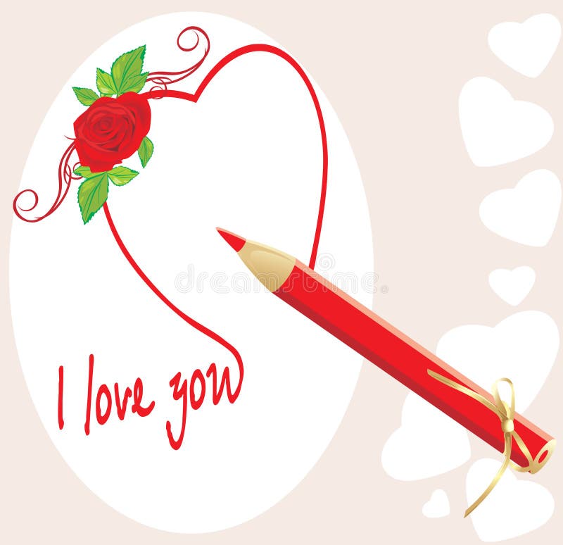 Red pencil and heart with rose. Valentines card stock illustration
