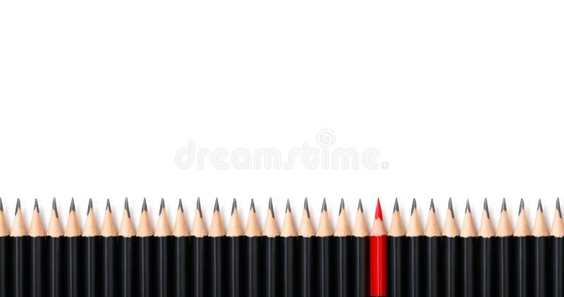 Red pencil standing out from crowd the same black bold pencils on white background, with space for text. Leadership
