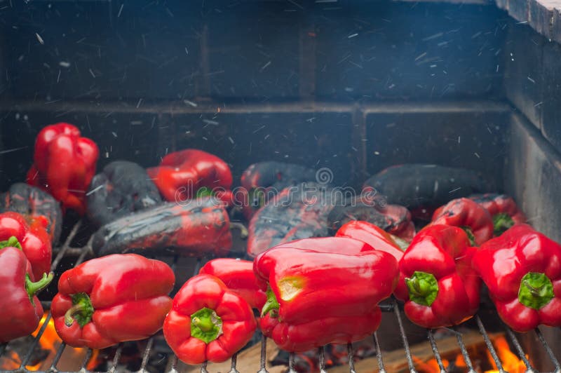 Red Peppers Roasting on the Barbecue Stock Image Image of paprika