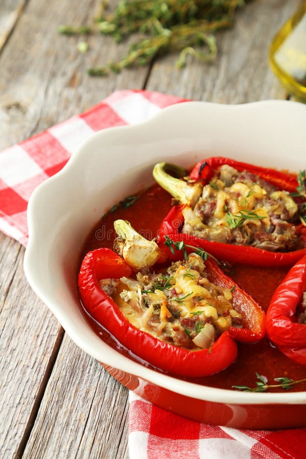 Red peppers stuffed with the meat, rice and vegetables