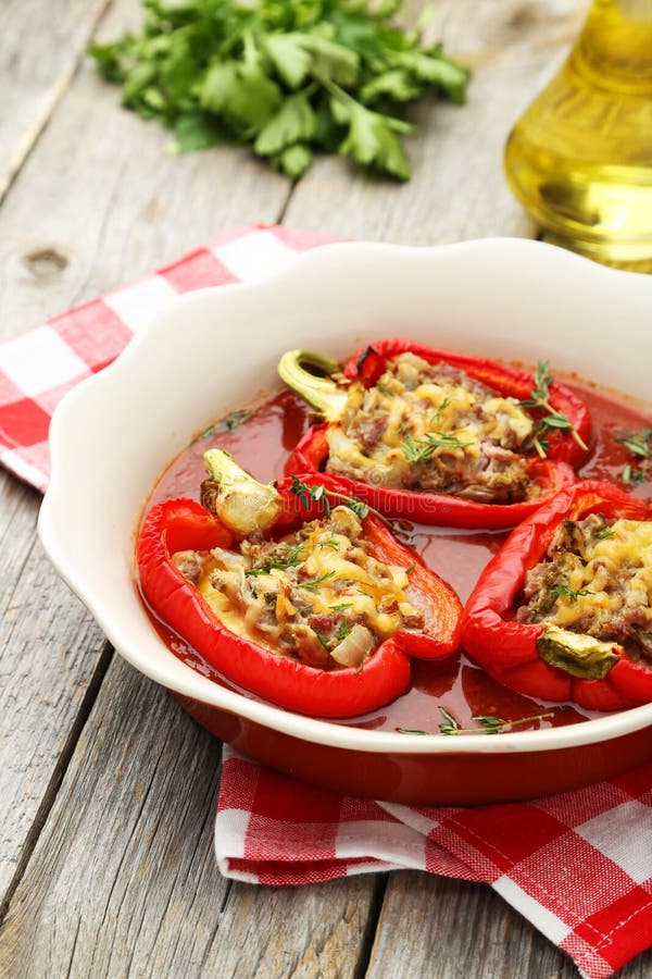 Red peppers stuffed with the meat, rice and vegetables