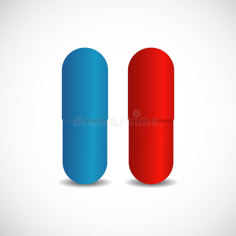 red pill blue pill  illustration. Blue and red pills iscon sign on white background