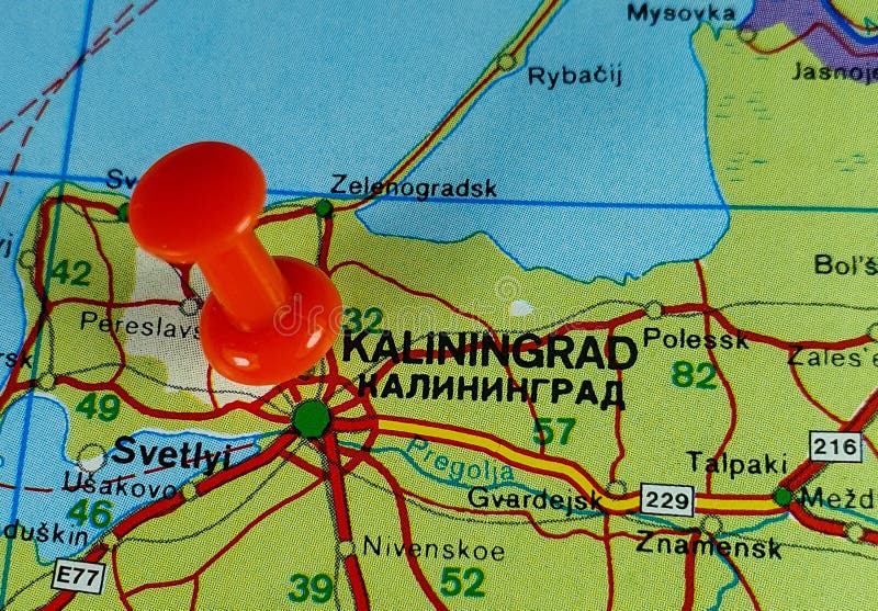 Red pin on the location on the map of the Kaliningrad city in Russia
