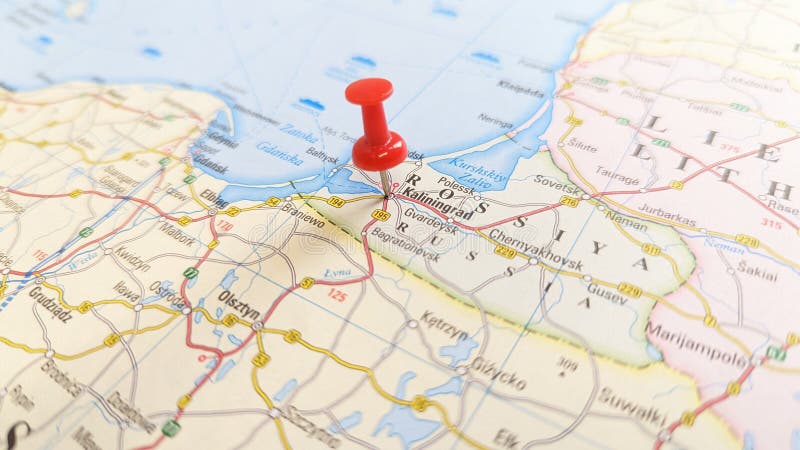 A red pin stuck in Kaliningrad in a map of Russia