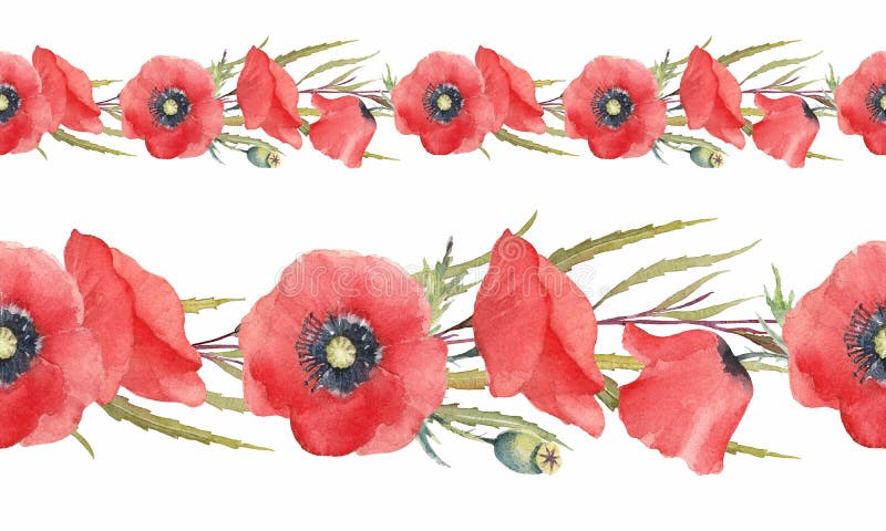 Red poppy flowers and greenery. Watercolor seamless border. Hand-drawn art for greeting cards, invitations and interior decoration
