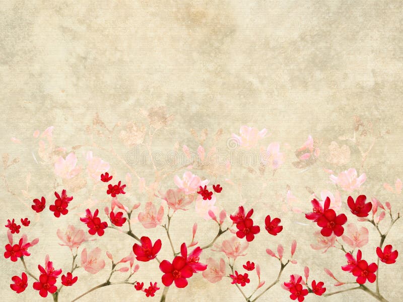 Red and pink blossom print on ribbed parchment