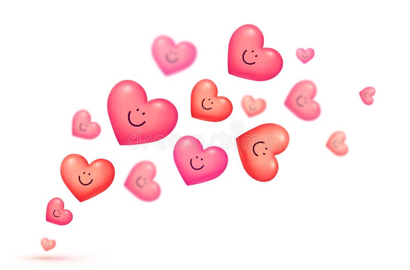 Red and pink floating smiling hearts Valentine`s day vector greeting card background