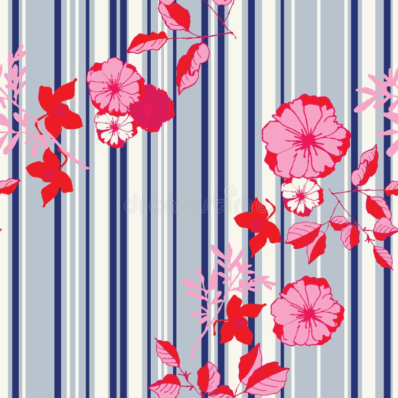 Red and pink flowers on grey, navy, indigo and cream stripes background seameless repeat.