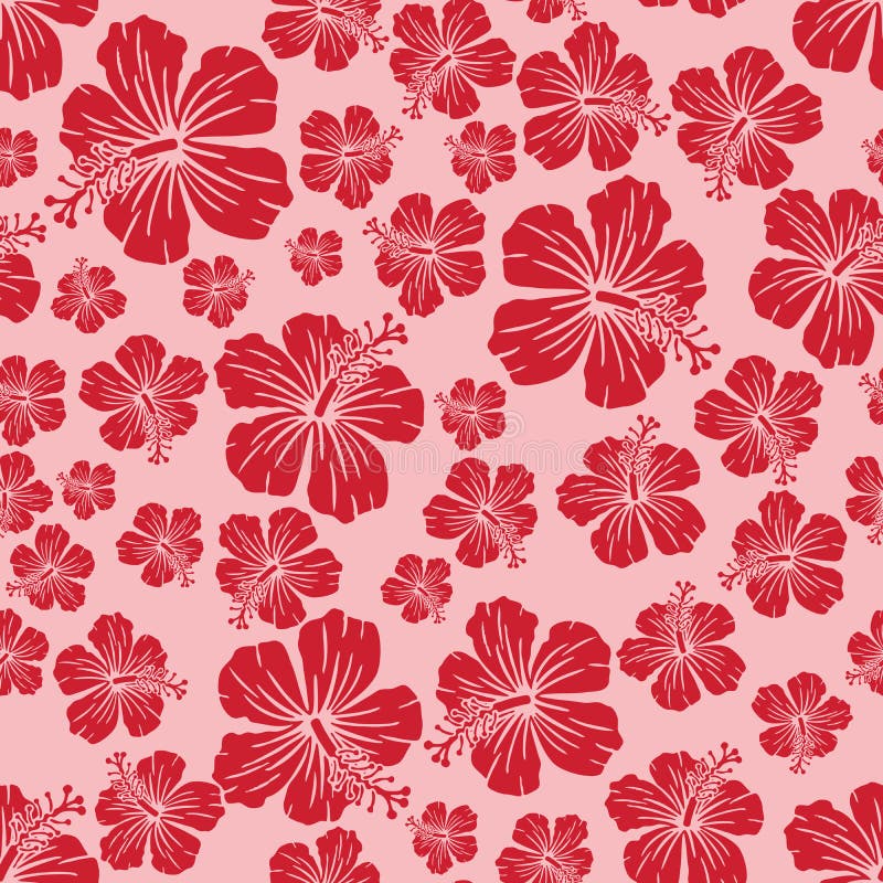 Red on pink random hibiscus flower seamless repeat pattern background
